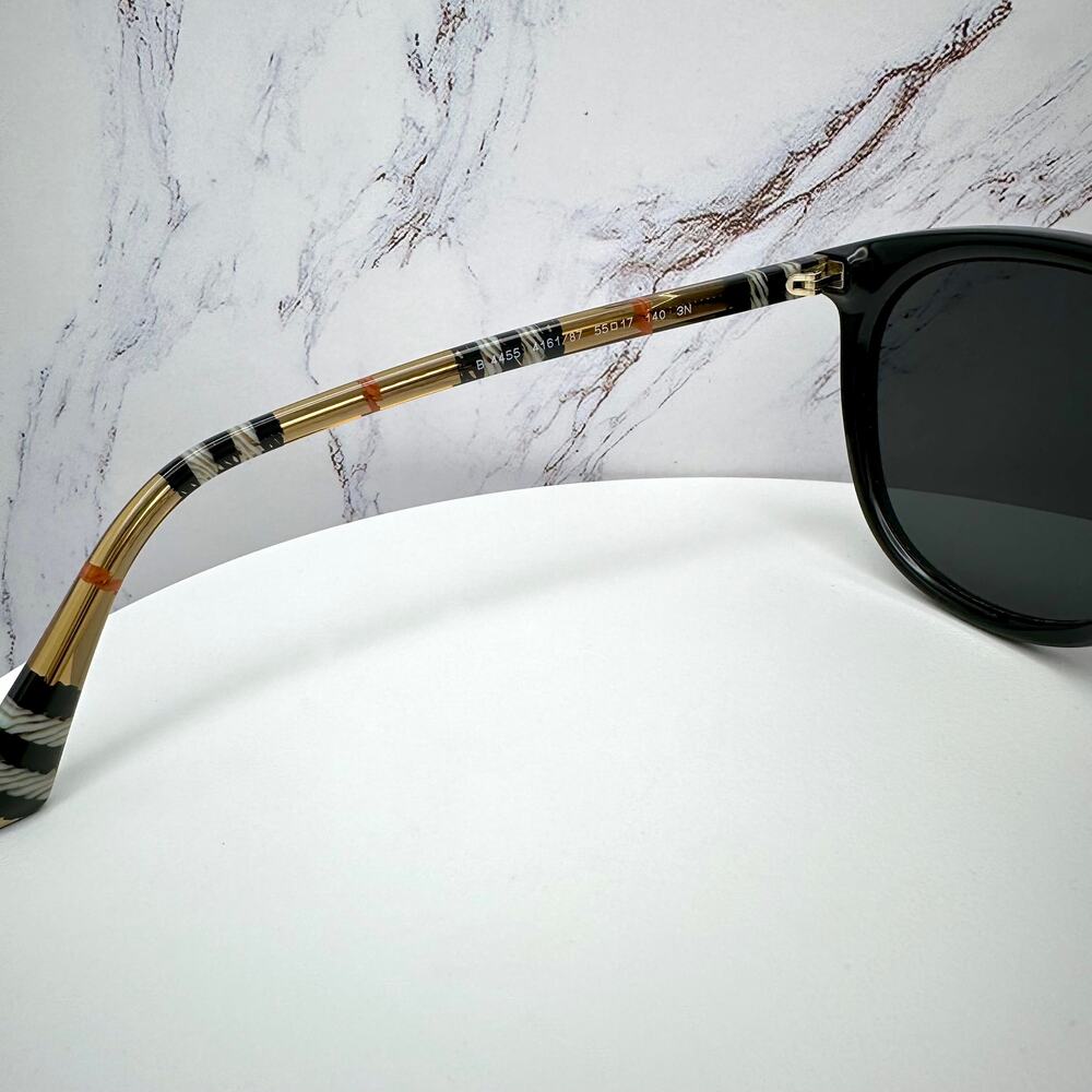 New Burberry Sunglasses Black Front Round Pantos Frame Checkered Arms Gray Lens - Picture 11 of 16